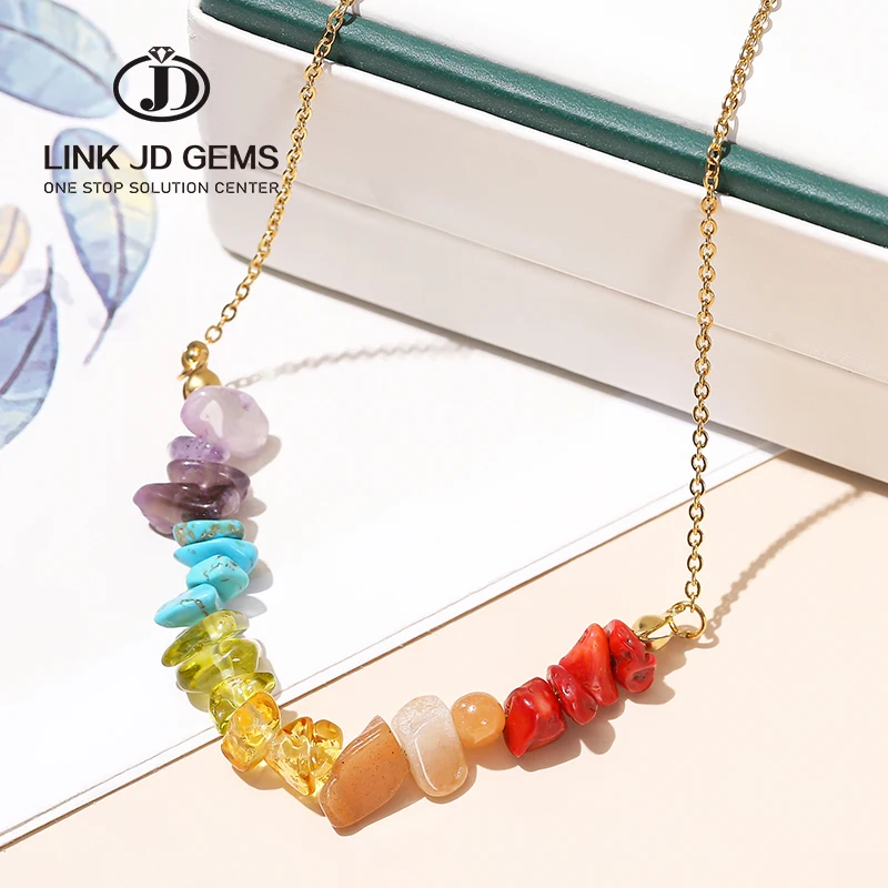 

JD Women Fashion Reiki Healing Energy Choker Jewelry Natural Stone Seven Chakra Crystal Chip Gravel Bead Golden Chain Necklace