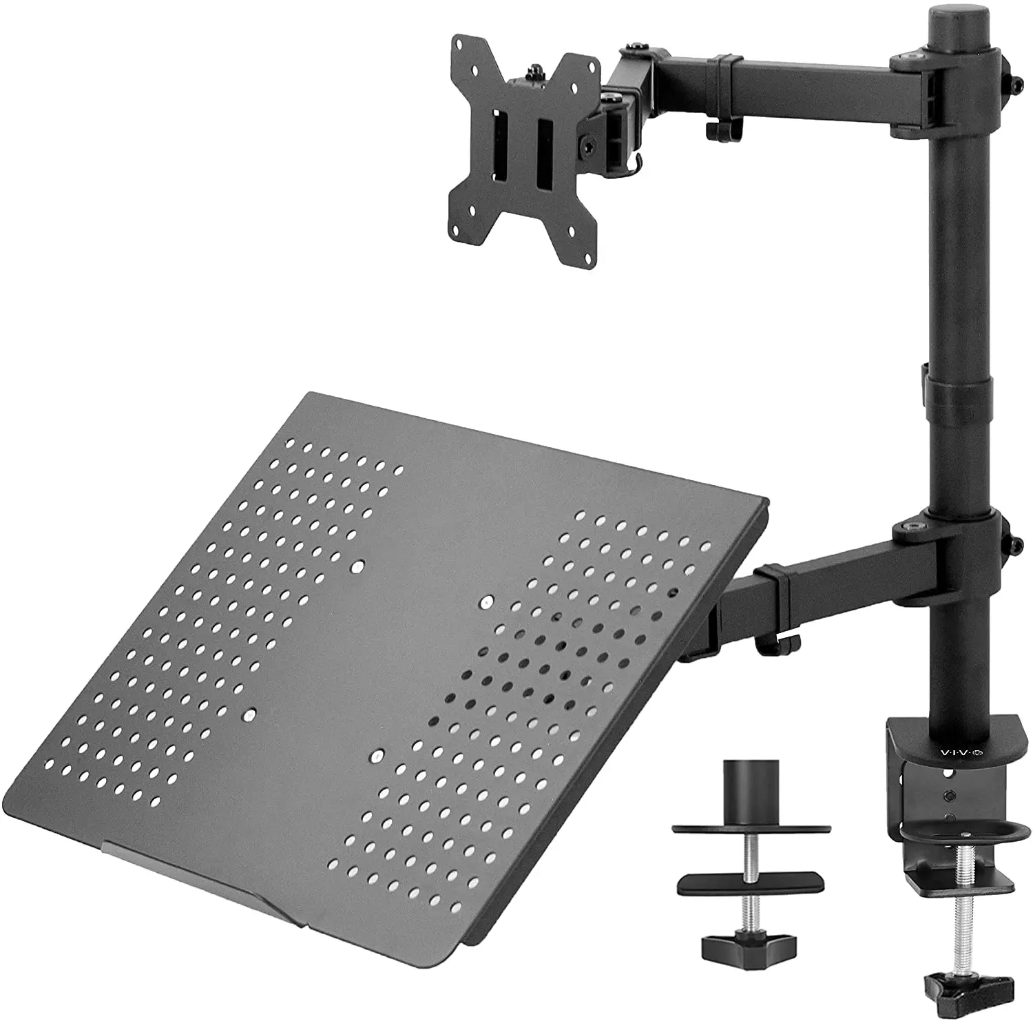 

Black Fully Adjustable Single Computer Monitor and Laptop Desk Mount Combo, Stand with Grommet Option