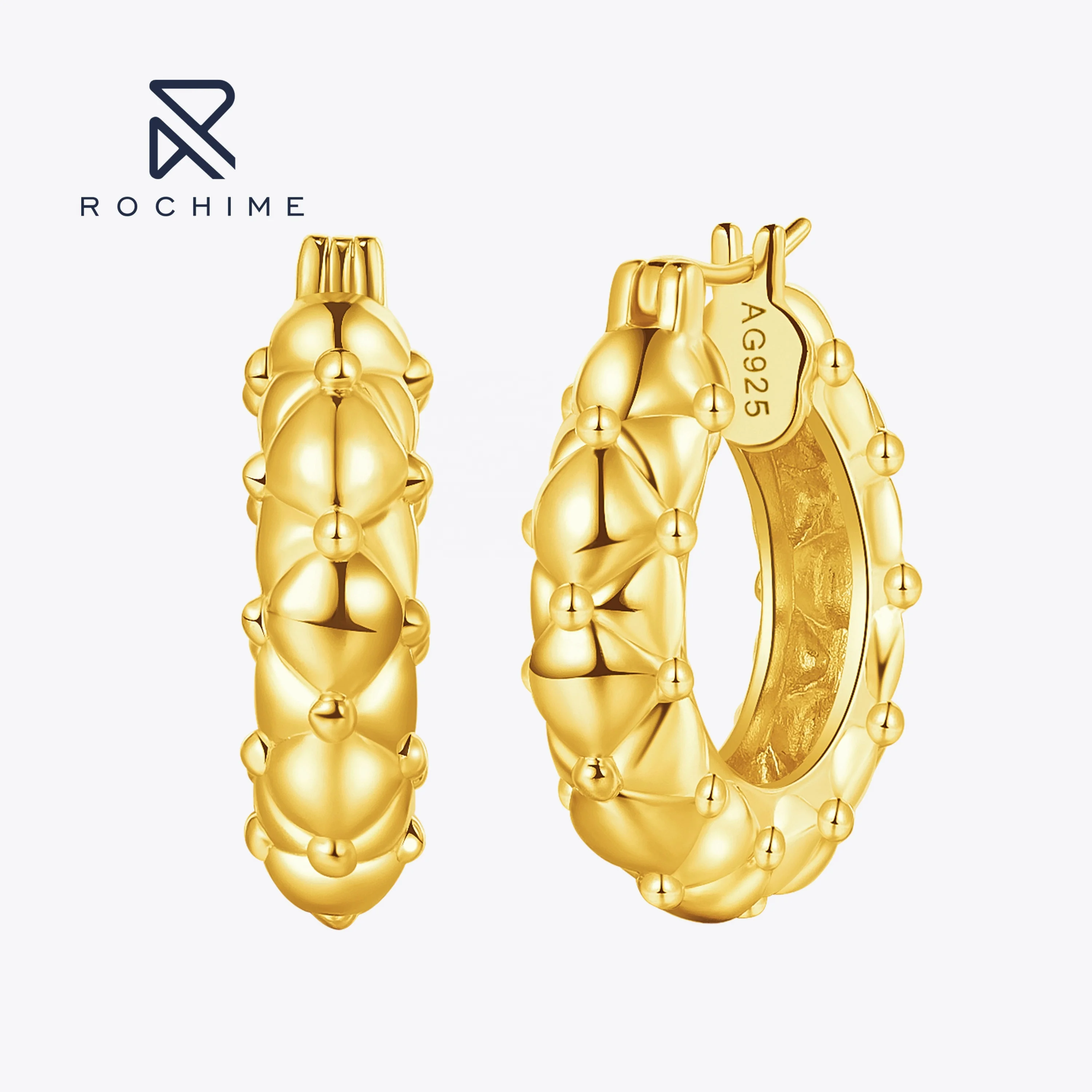 Rochime Vintage Style Lingge Hoop Earrings Earrings  925 Sterling Silver 18k Yellow Gold Plated 5a Zircon Jewelry for Women