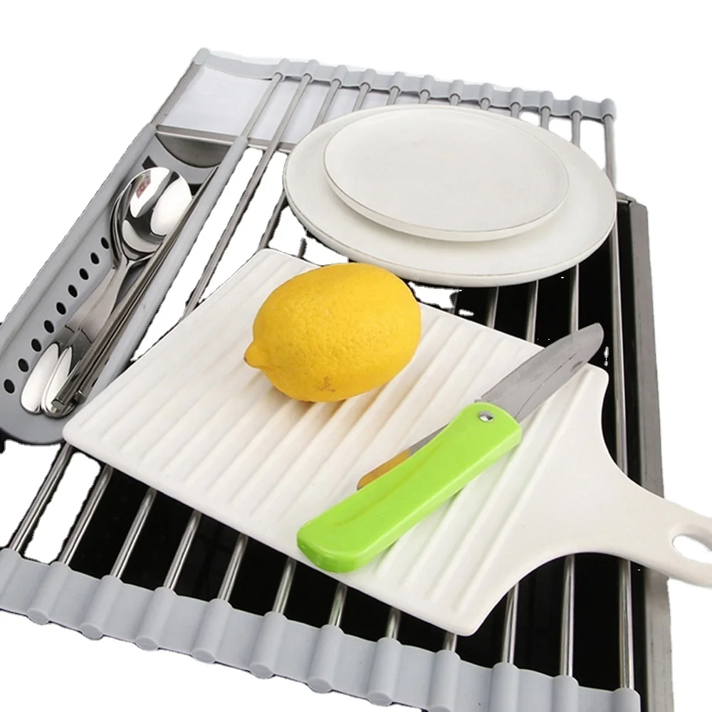 

Food Grade Silicone Coated Roll Up dish Drying Kitchen Sink Rack Organizer Stainless Steel Storage Holders Racks, Any color can be customized kitchen dish rack