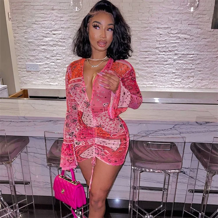 

New arrival fashion Women Deep V neck Printed Flare Long Sleeve Pleated Short Dress women's sexy tight fitting mesh printed dres, Red,blue,yellow