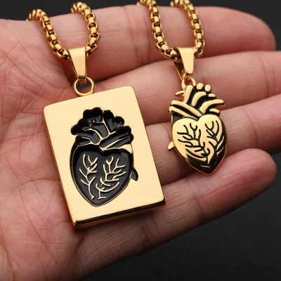 

2pcs/set Vintage Jewelry Stainless Steel Puzzle Mosaic Couple Statement Anatomical Heart Gold Punk Rectangle Collares Necklace, Gold/silver