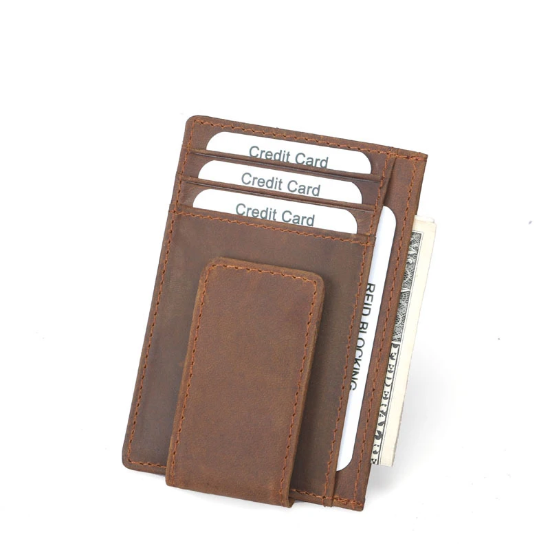 

Custom Logo Vintage Cow Genuine Leather slim Front Pocket RFID Blocking Card Holder wallet Men Strong Magnet Leather Money Clip