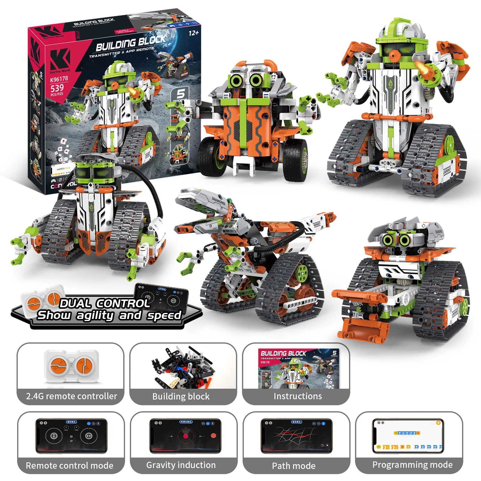 

593 Pcs 5 in 1 APP Control STEM Programming Robot Building Blocks Kit Science 2.4Ghz Rechargeable RC Stunt Racer Tank 3D Toy