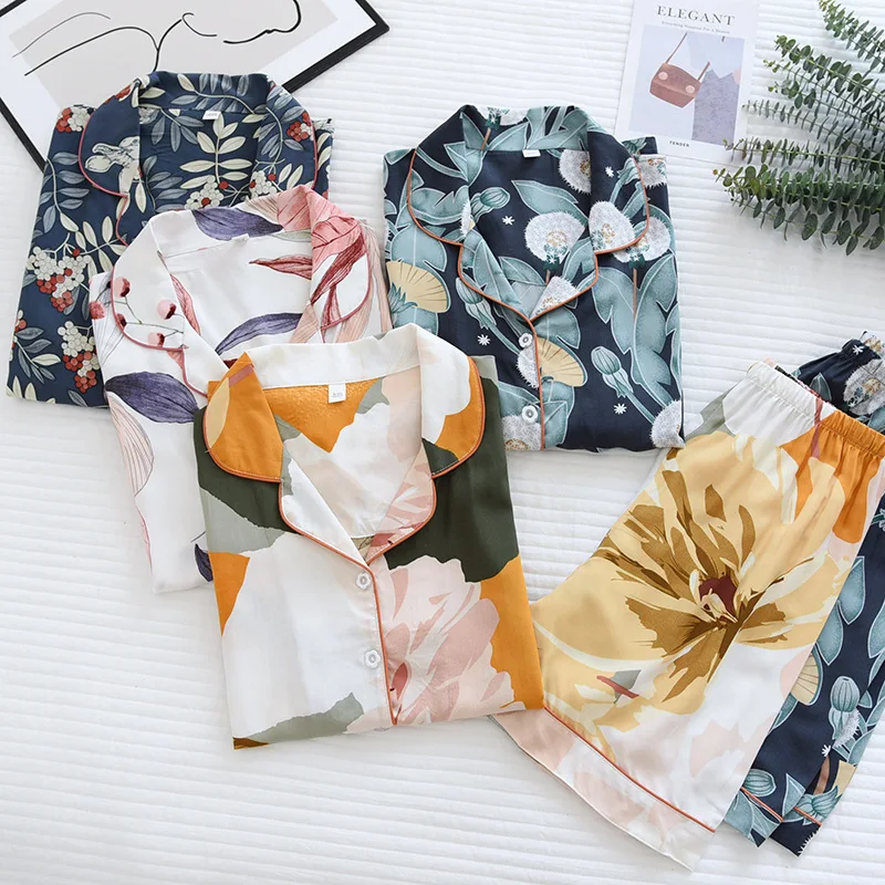 

Flower Printed Women's Cotton Pajamas Shorts New Summer Thin Home Suit 2Pcs Short Sleeve Pyjamas Women Plus Size Lounge Homewear