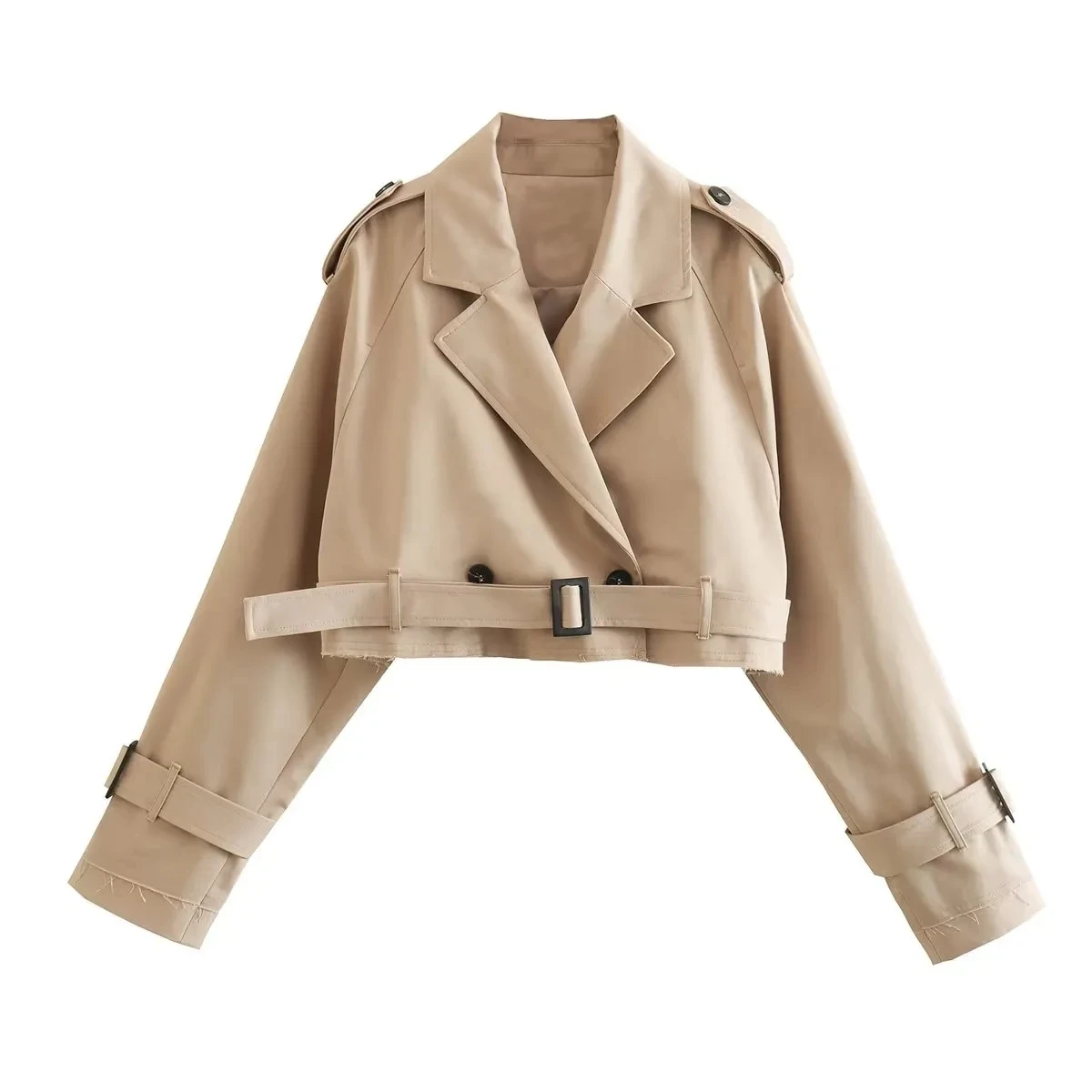 High Quality Spring Streetwear Long Sleeve With Belt Single Button Short Women's Cropped Trench Khaki Lapel Jackets Coat