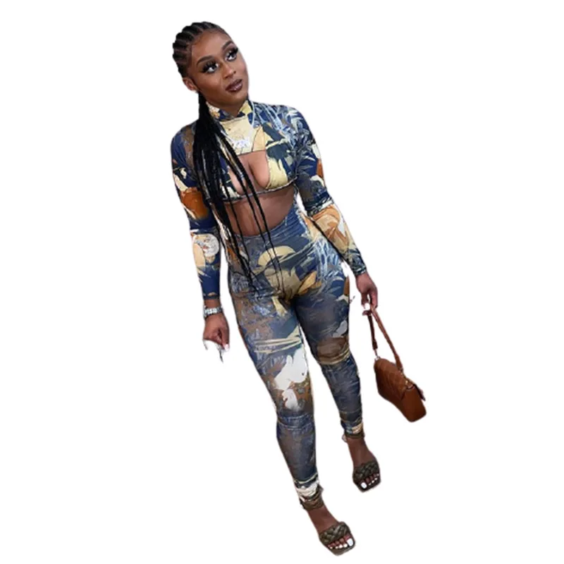 

2021 Summer Hot Sale Sexy Night Club Outfits Women Sexy Hollow Out Long Sleeve Printed Bodycon Jumpsuit With Bra 2 Piece Set, Picture color