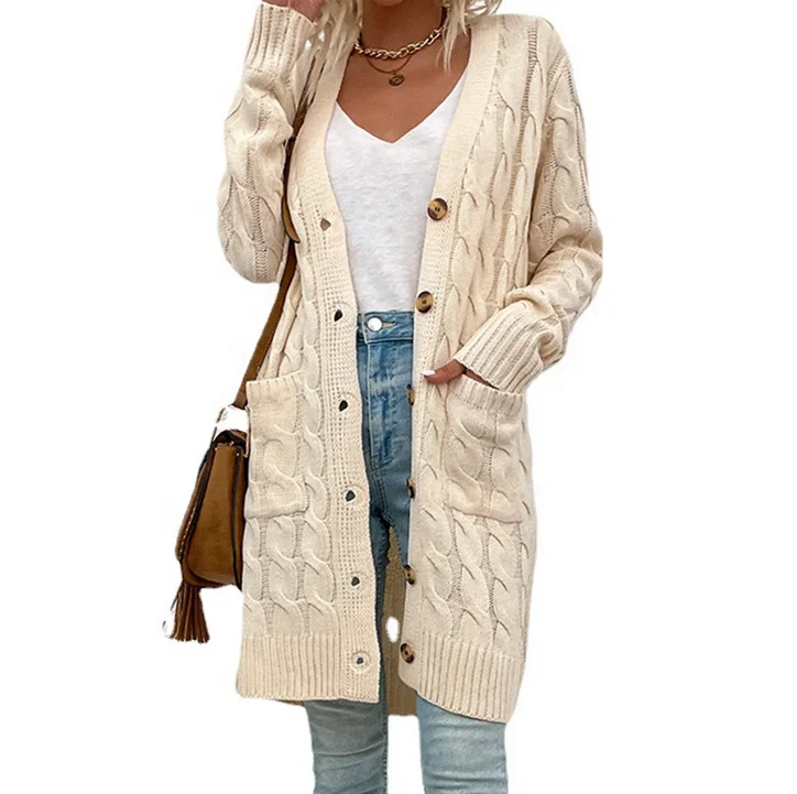 

Hot selling autumn winter solid color button up cable knit women sweater cardigan, As picture