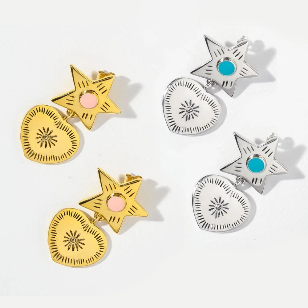 

2021 Punk New Design 24K Gold Plated Heart Star Earrings Geometric Enamel Star Heart Drop Earrings for Girls