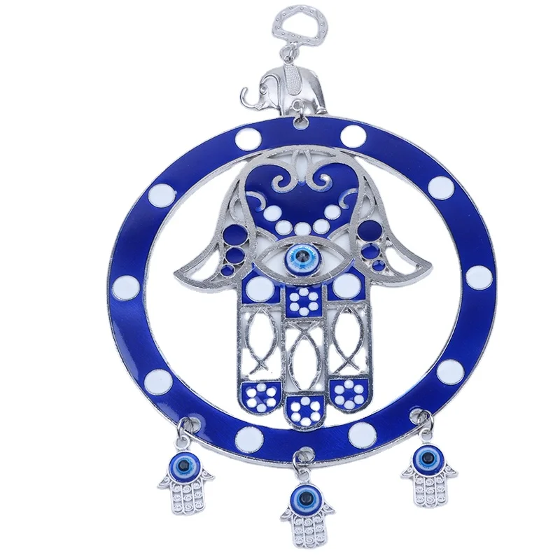 

Turkish evil eyes carved round Large & Small Hamsa for home wall decoration Metal Amulet Elephant Hanging, Blue