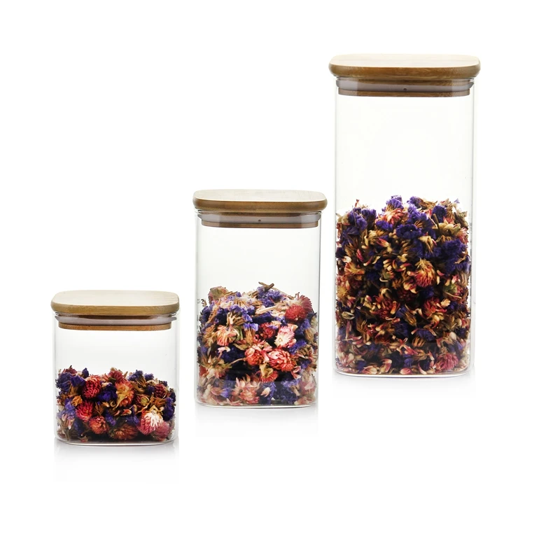 Glass Kitchen Canisters With Airtight Bamboo Lid /square Canister Set/clear Square Glass