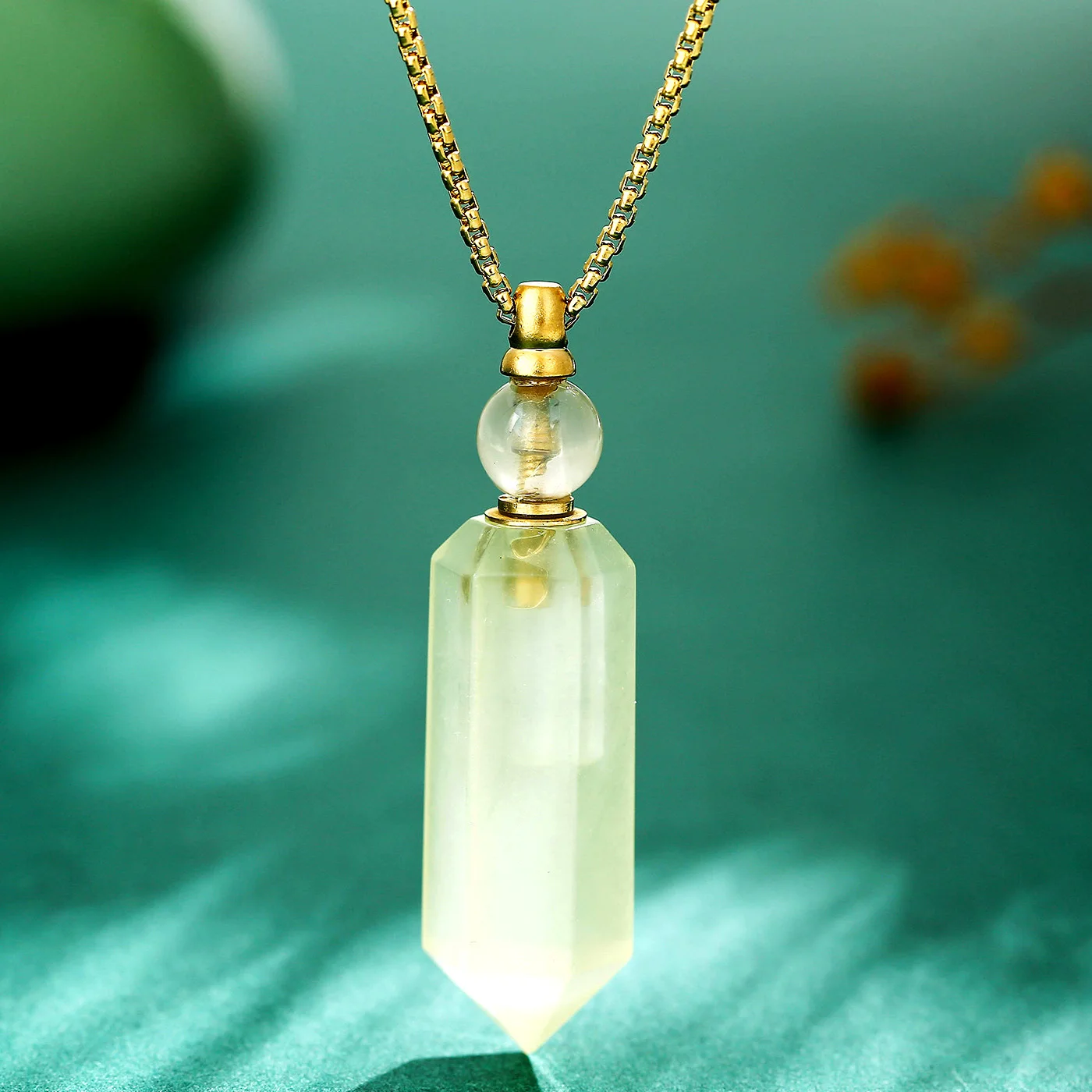 

18k Gold Plated Stainless Steel Hexagonal Point Natural Citrine Crystal Gemstone Urn Perfume Bottle Pendant Necklace