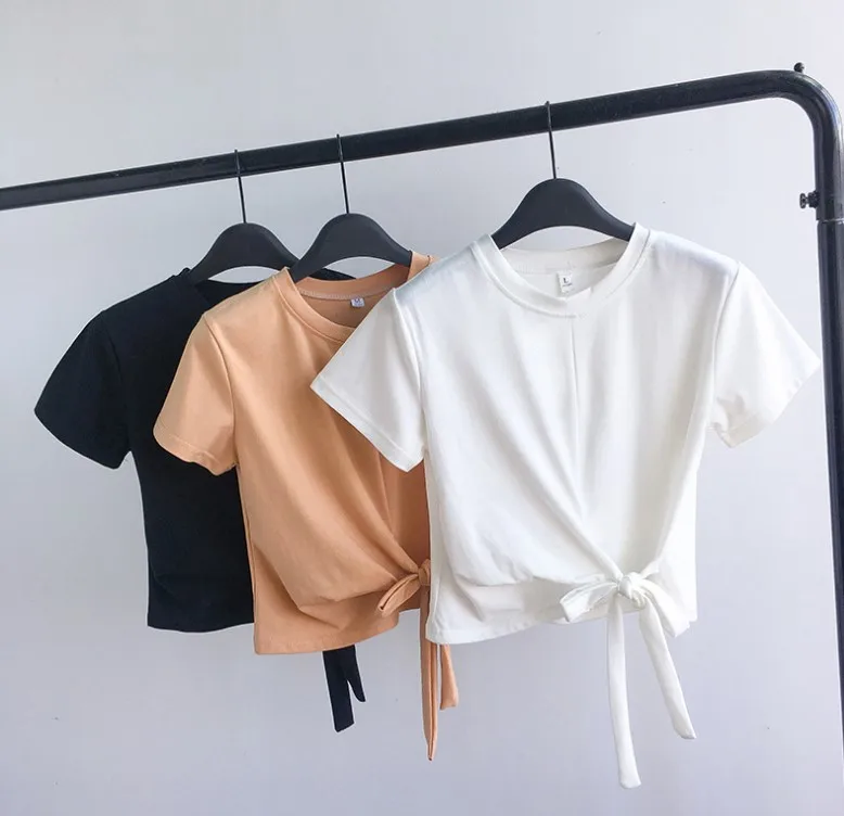 

2021 Summer Women Fashion Of The New Slim-Fitting Lace-Up Short-Length Camiseta Algodon Mujer Blouse Short Sleeve T-Shirt Tee, 3 colors