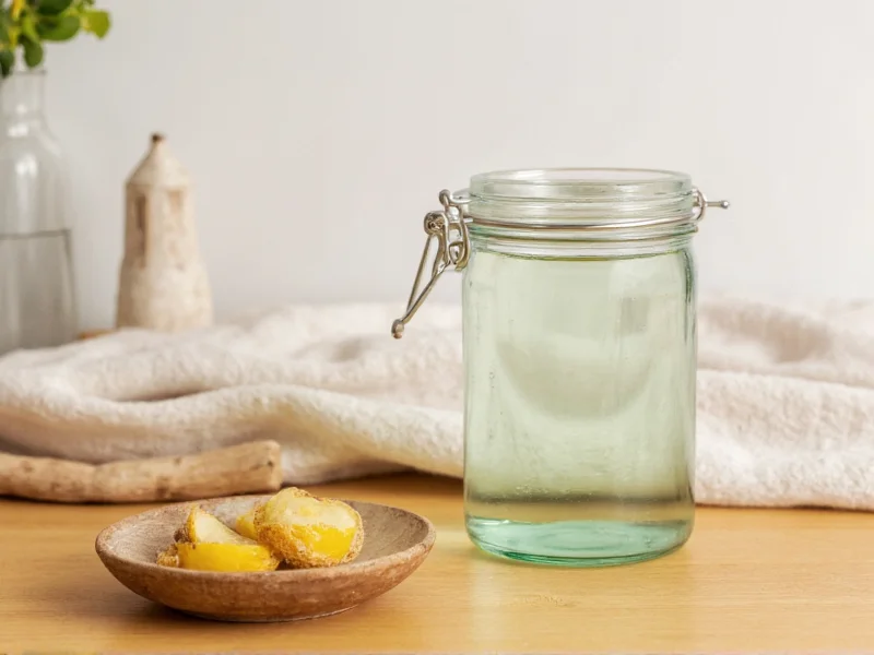 Glass jar with DIY mouthwash ingredients on wooden table