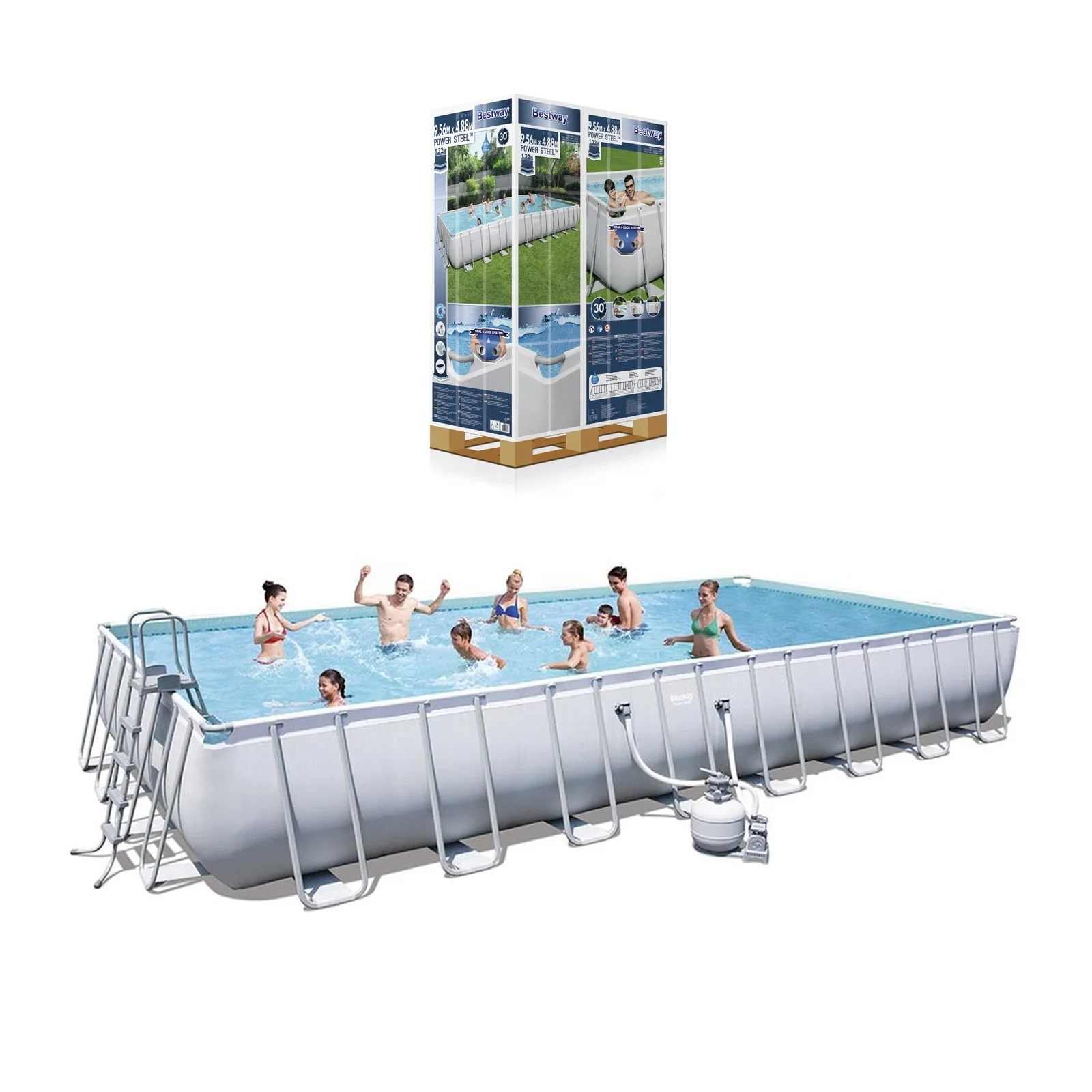 

Bestway 56623 31FT 9m Large Rectangular Steel Frame Swimming Pool Set With Sand Filter Pump & Cover &Safety Ladder, As photo