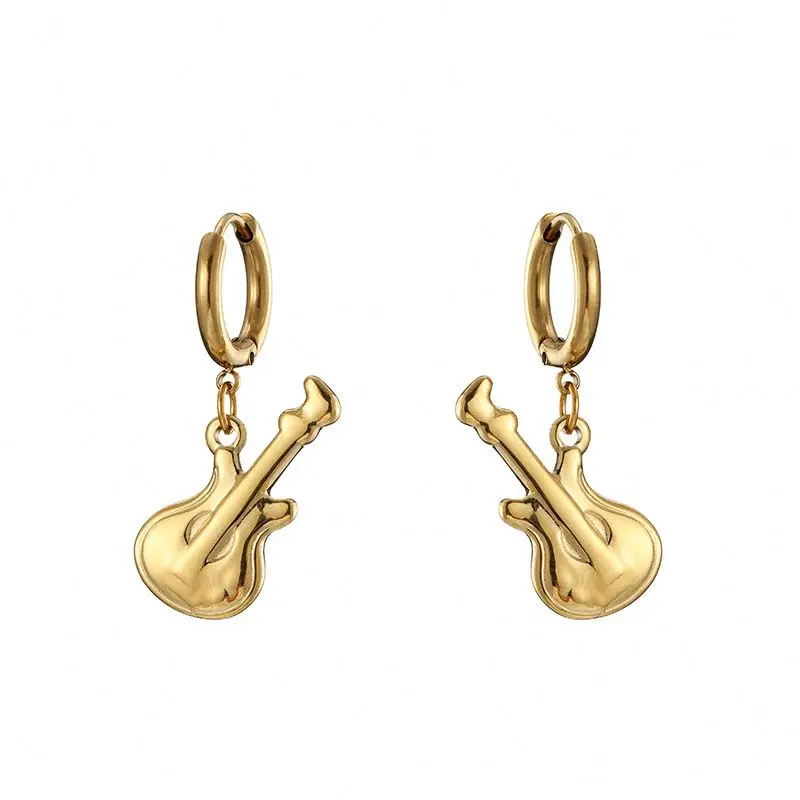 

High Quality Gold Plated Women's Punk Stainless Steel Guitar Pendant Earrings