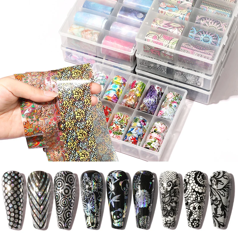 

new 2021 nail art Holographic Nail Art Transfer Foil Sticker Starry AB Paper Wraps Adhesive Decals Nails Decoration Accessories, 10 colors per box