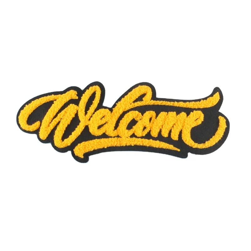 

spot wholesale low MOQ 'Welcome' word yellow chenille letter patches sew on towel embroidery appliques for hoodie hat accessory