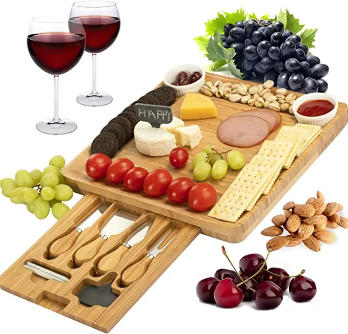 

Wine Crackers Brie Meat Charcuterie Platter Serving Cheese Tray,Square Big Cheese Board And Knife Set Chalk And Label