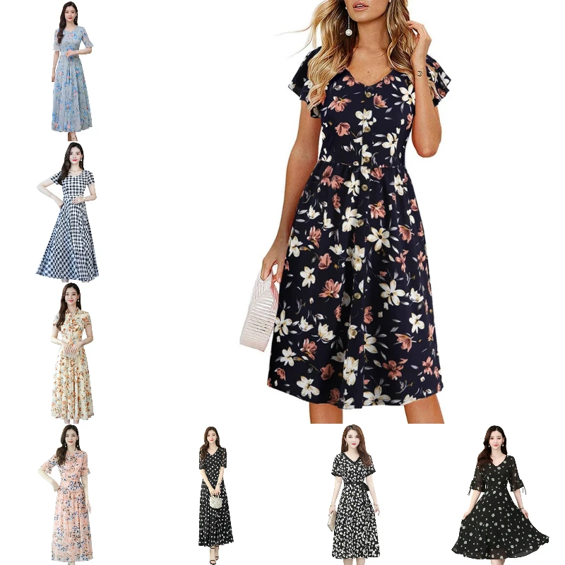 

Fashion flower print summer short-sleeved chiffon print woman dress woman dress