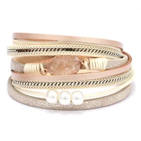 

Women girls magnetic clasp pu leather multilayer bracelet with pearls,fashion leather bracelets