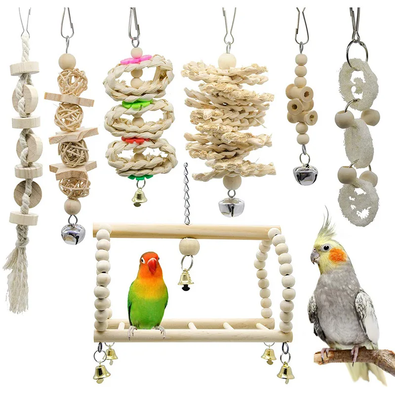 

Wholesale 7 Packs Bird Swing Perches Toys Parrot Wooden Toys Assessories Ropes Bells Bird Parrot Chew Toy Set