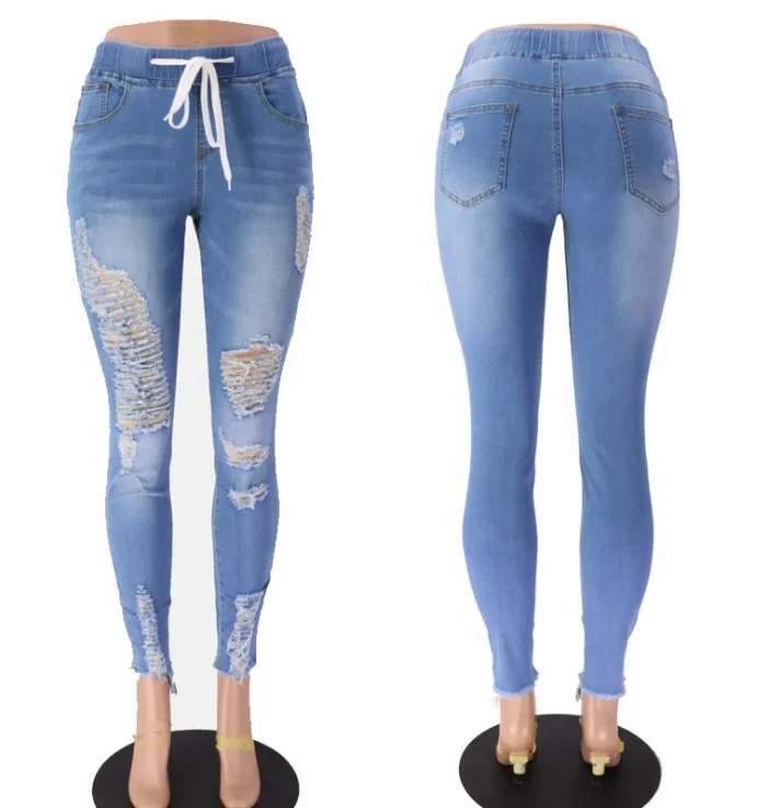 

Skinny Jeans With Elastic Waist And Holes In Waist, Skinny Feet And Belted Jeans, Blue