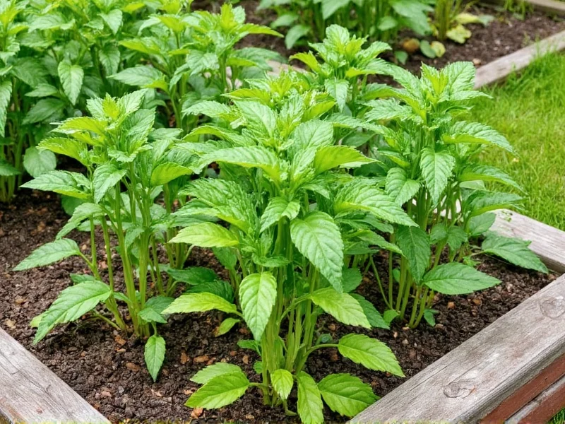 Completed garden bed with thriving vegetable plants in summer