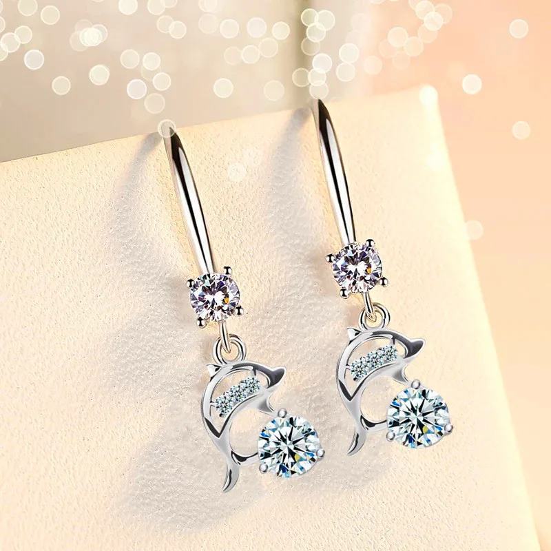 

Orecchino Lovely Dolphin Drop Sweet Cubic Zirconia Beautiful Diamonds Silver Animal Cute Romantic Earrings Women