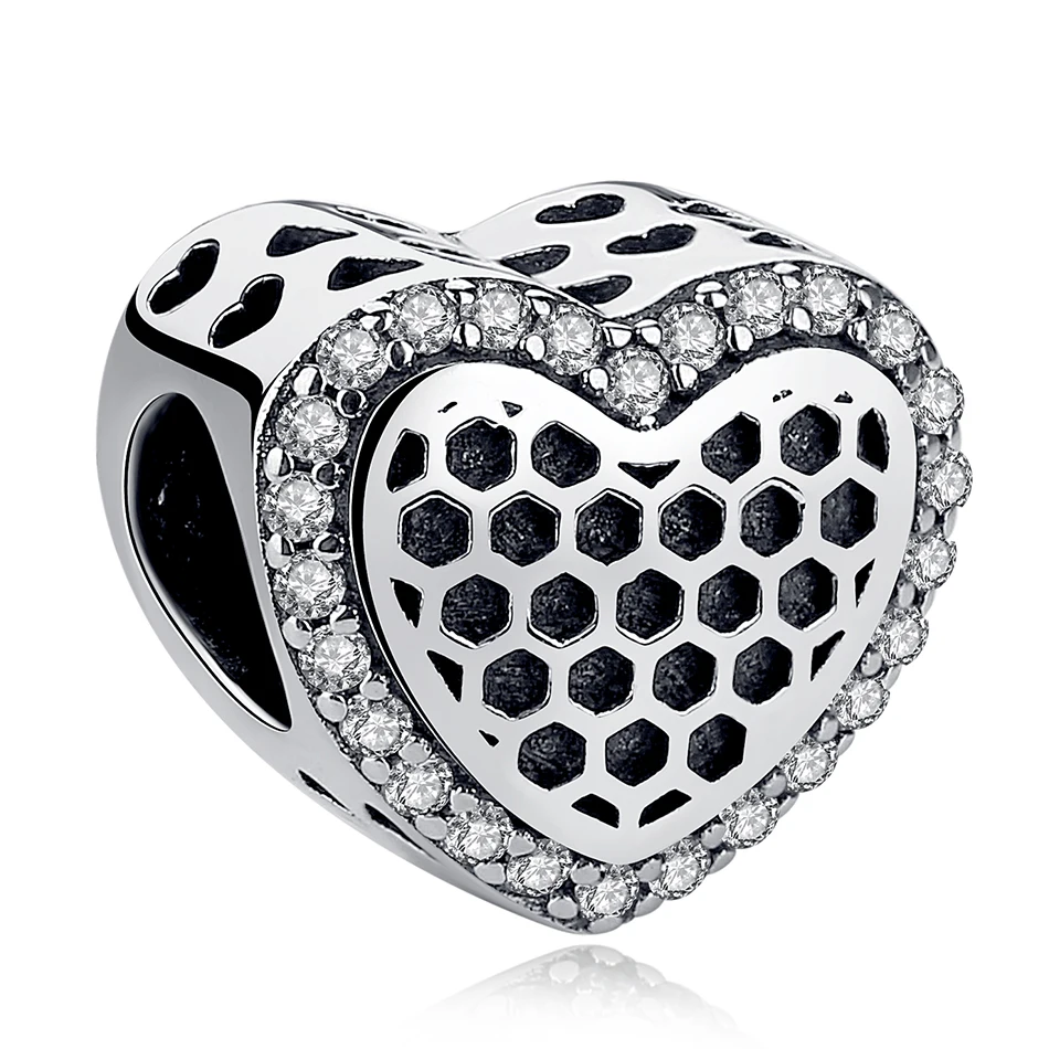 

High Quality 100% 925 Sterling Silver Charm CZ Heart With Hollow Design Charm Beads fit Women Fashion Jewelry Gift