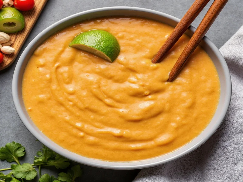 Homemade peanut sauce in bowl with chopsticks and lime wedge