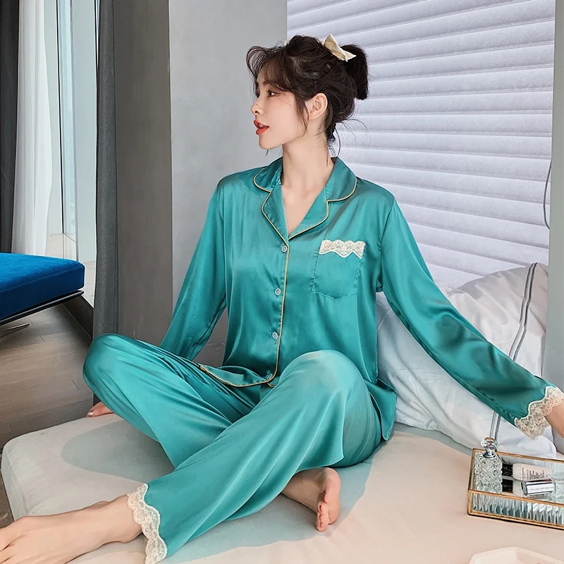 

wholesale custom satin silk 2 piece long sleeve pants set plus size women's pajama sleepwear for south africa, Photo colors