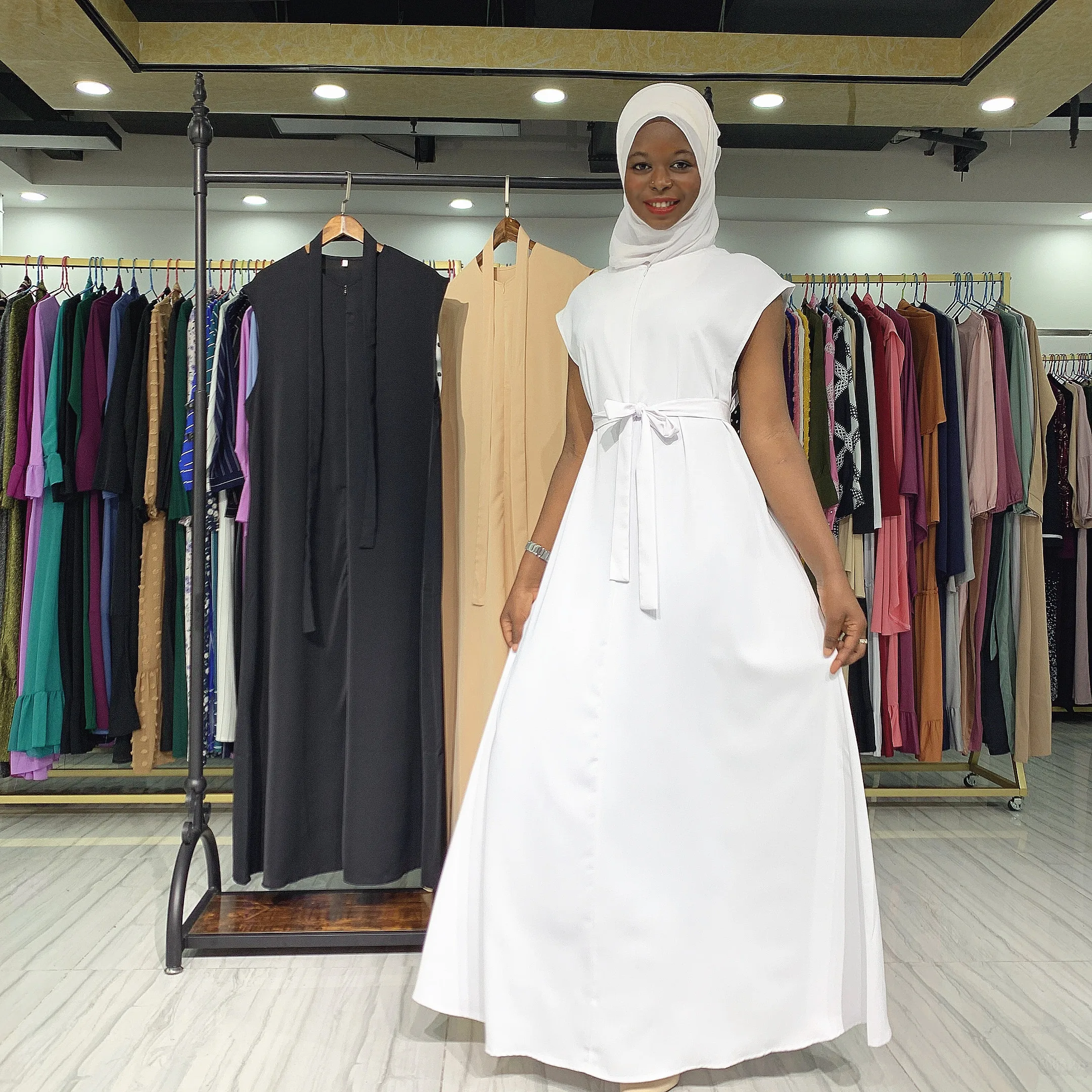 

2020 high quality Nida sleeveless maxi dress for ladies pure color sleeveless maxi dress with belt elegant lady maxi dress, Black, beige, white