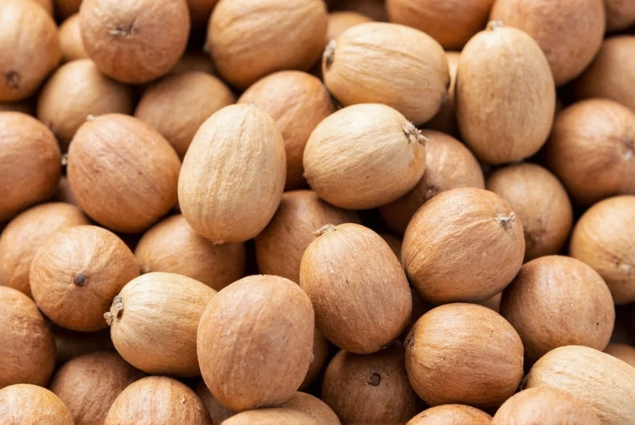 Whole nutmeg seeds next to freshly grated nutmeg showing the distinctive brown color and texture