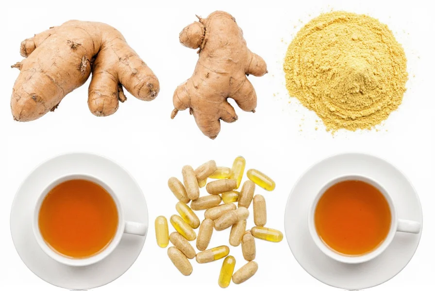 Various forms of ginger for health including fresh root, powder, capsules, and tea preparations