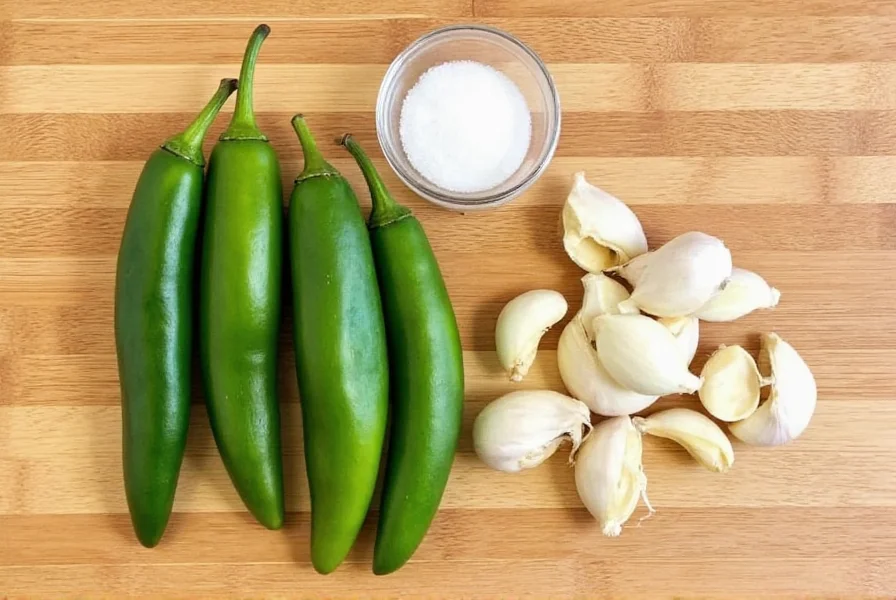 Fresh jalapeño peppers, garlic cloves, white vinegar, and salt arranged on wooden cutting board for homemade sauce preparation