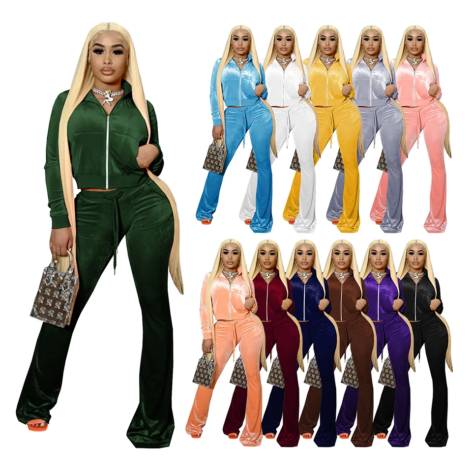 

Yoyolemon zip cropped jacket fall women two piece sets low cut long sleeve velour tracksuit flared pants suit with pockets