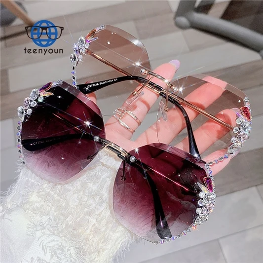 

Teenyoun Brand Design Rimless Rhinestone Sunglasses 2023 New Women Men Retro Cutting Lens Gradient Sun Glasses Female UV400