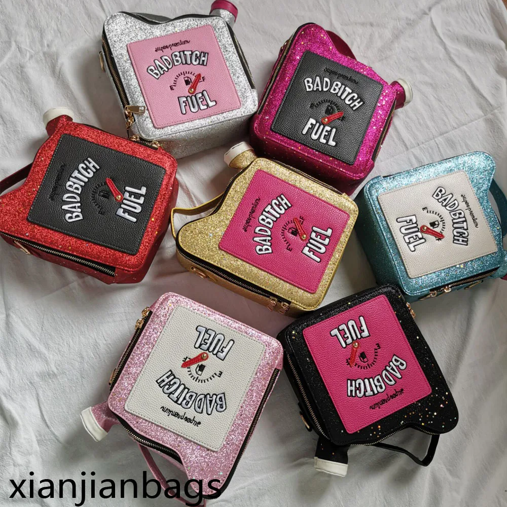 

2021 Hsienjin Unique Bad Bitch Embroidery Letter Handbags Gasoline Fuel Tank Bottle Chain Bags Handbag Shoulder Bag Lady Purse
