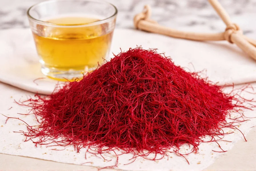 Close-up photograph of saffron threads showing their distinctive red-orange color and trumpet-shaped ends against a white background
