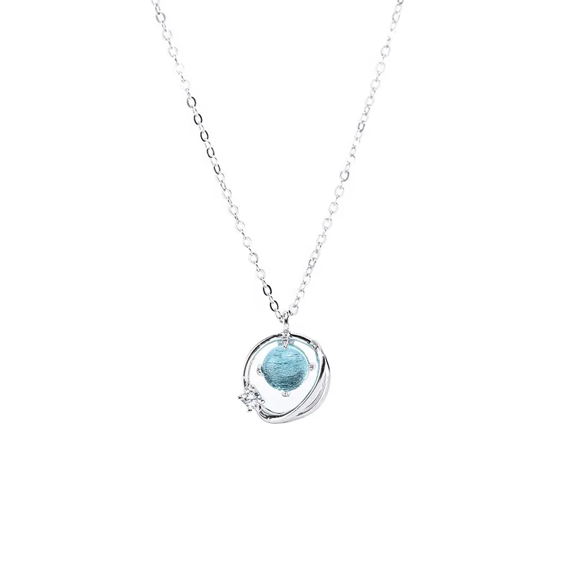 

A1303 Beautiful blue universe planet necklace by Moyu, Rhodium plated