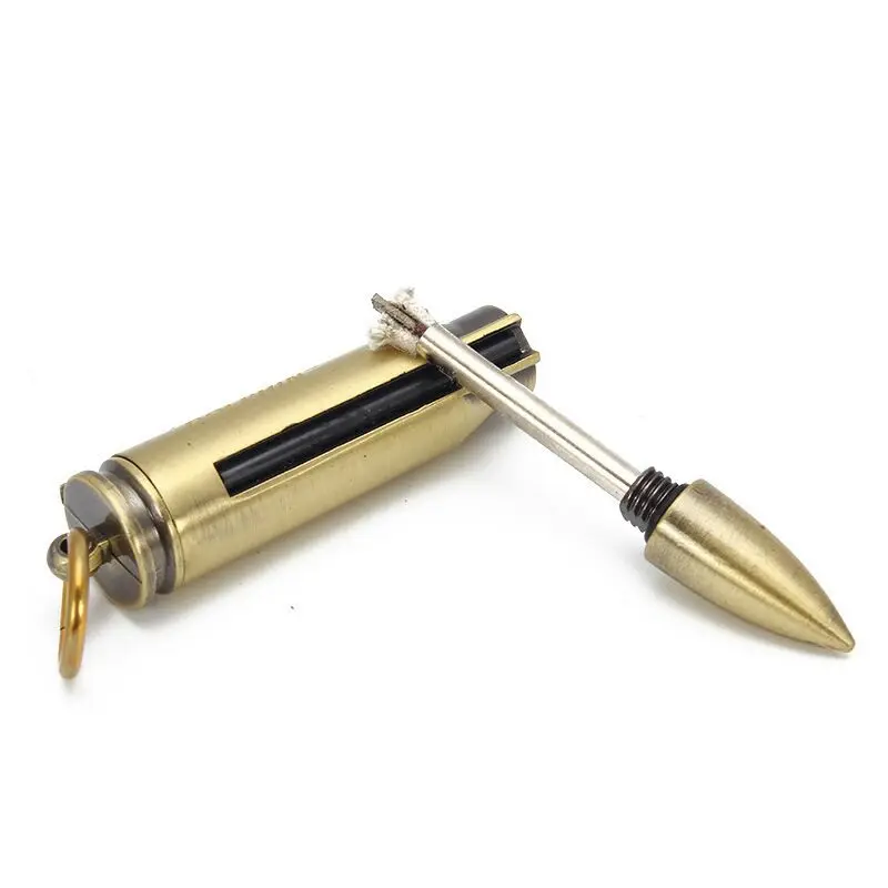 

New Survival Bullet Waterproof Kerosene Outdoor Camping Permanent Match Striker Lighter Key chain, Golden