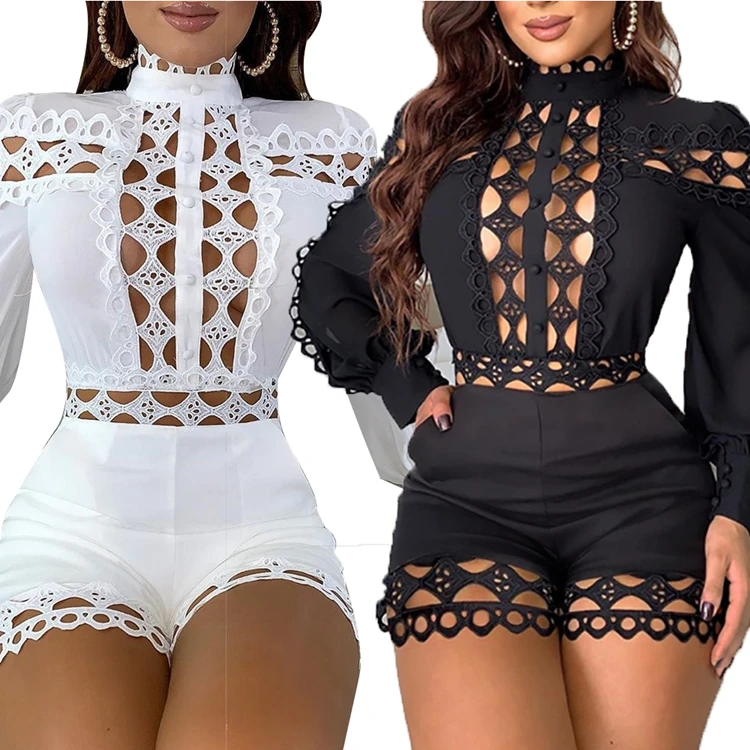 

Ready to ship fall autumn high neck zipper back romper hollow out rompers women sexy short lace long sleeve jumpsuit