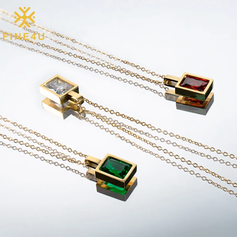 

Fashion Trendy Jewelry Stainless Steel Square 14K Gold Plated Colorful Diamonds Cz Zircon Pendant Necklace