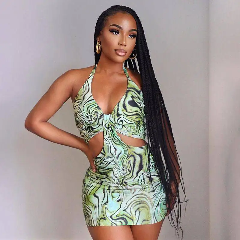 

2021 New fashion summer Women Halter v-neck Floral dress women casual dresses