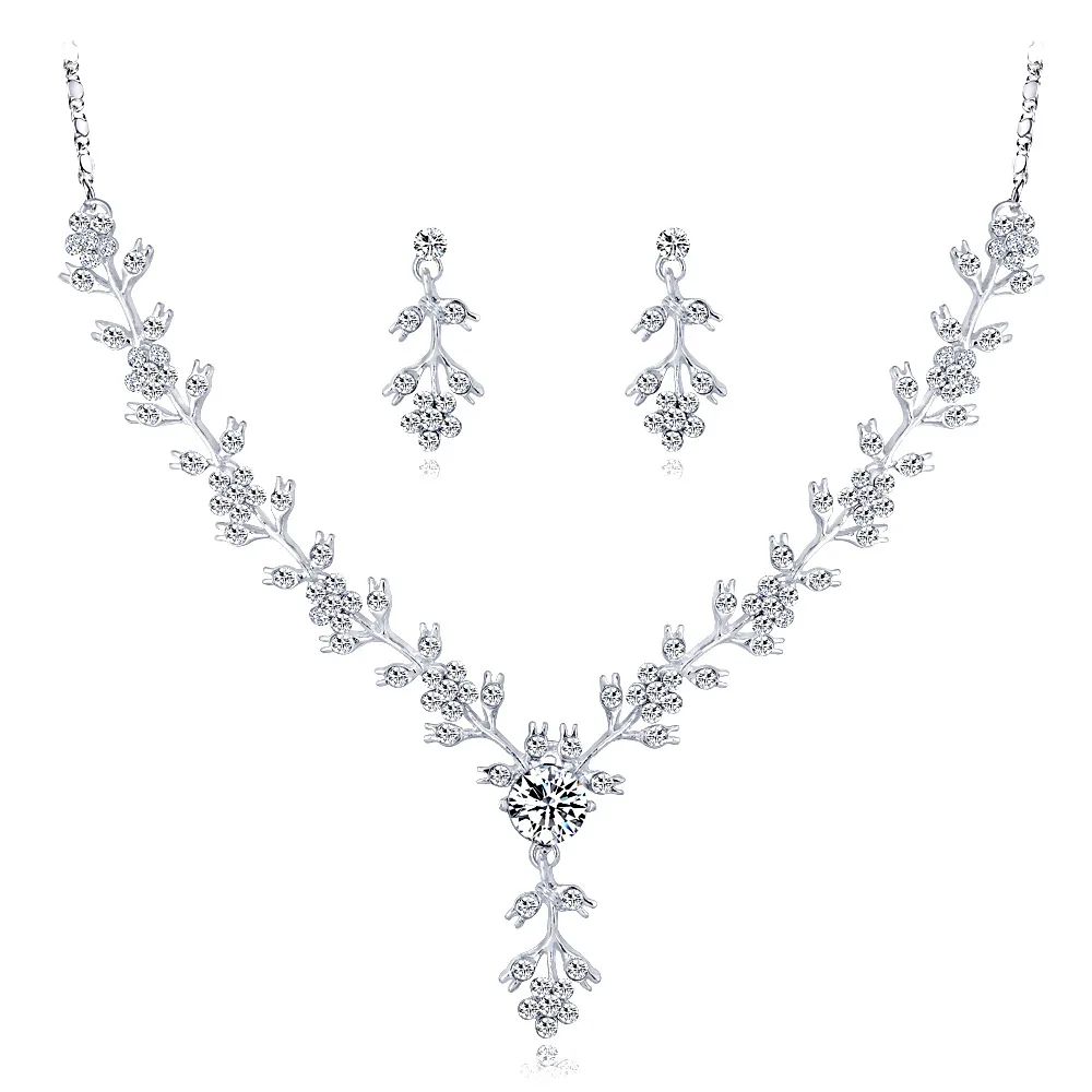 

Bridal Wedding Jewelry Set Women Rhinestone Plant Necklaces And Earrings Sets