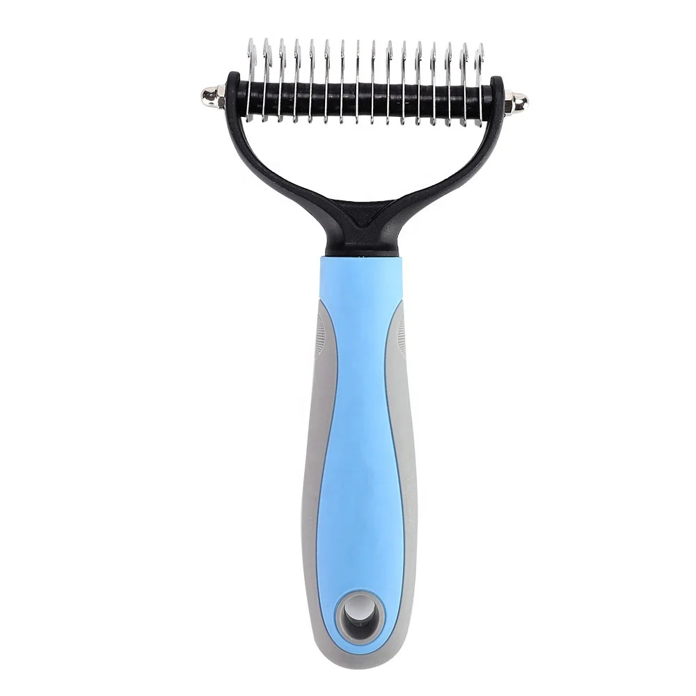 

Pet Hair Removal Comb 2 Sided Blades Pet Fur Dematting Trimmer Deshedding Brush Grooming Tool Stainless Steel Double-Sided Rake, Blue and pink