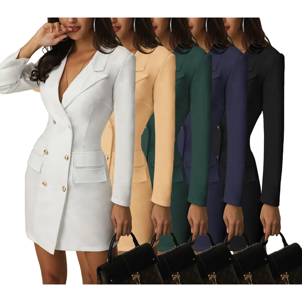 

2021 New Style V Neck Double Breasted Button Down Clothes Long Coats Long Sleeve Sexy Women Blazer Dress, White