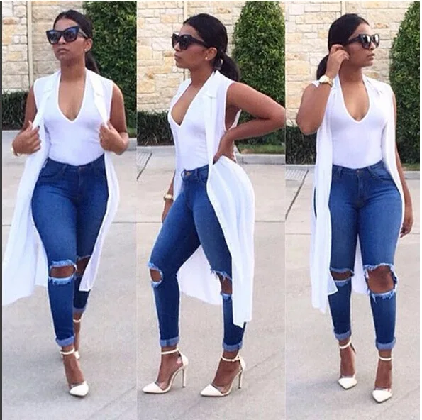 

Spring and summer cross-border women's ripped jeans female high waist pants, Blue