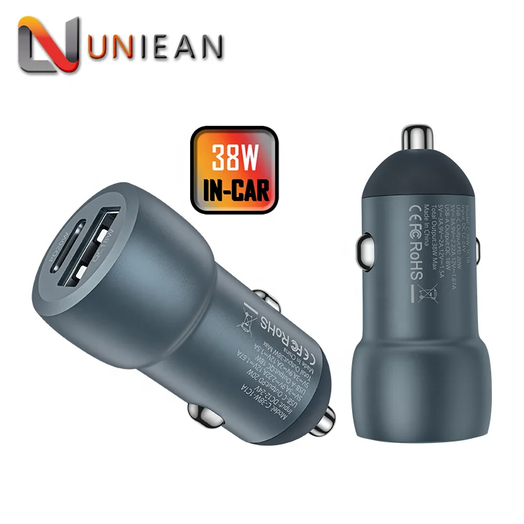 

38W PD Type C USB-C In-Car Charger Dual Port Fast Charging USB A USB C Car Charger Adapter